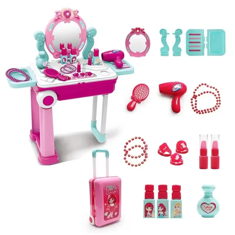 Beleza cômoda mesa fingir jogar princesa penteadeira conversível mala carrinho brinquedo conjunto portátil role play conjunto