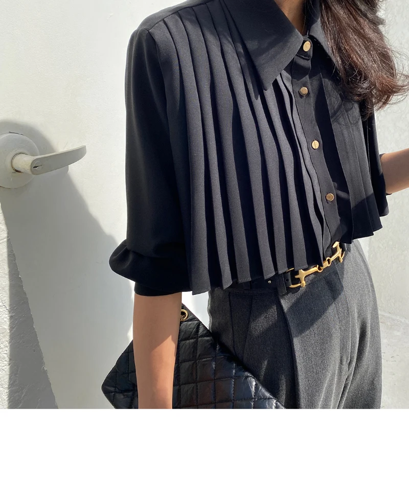 

2 цвета, осень-весна 2026, корейский шикарный стиль, винтажная плиссированная блузка с отложным воротником и длинными рукавами, женская верхняя одежда, топы (wx3033