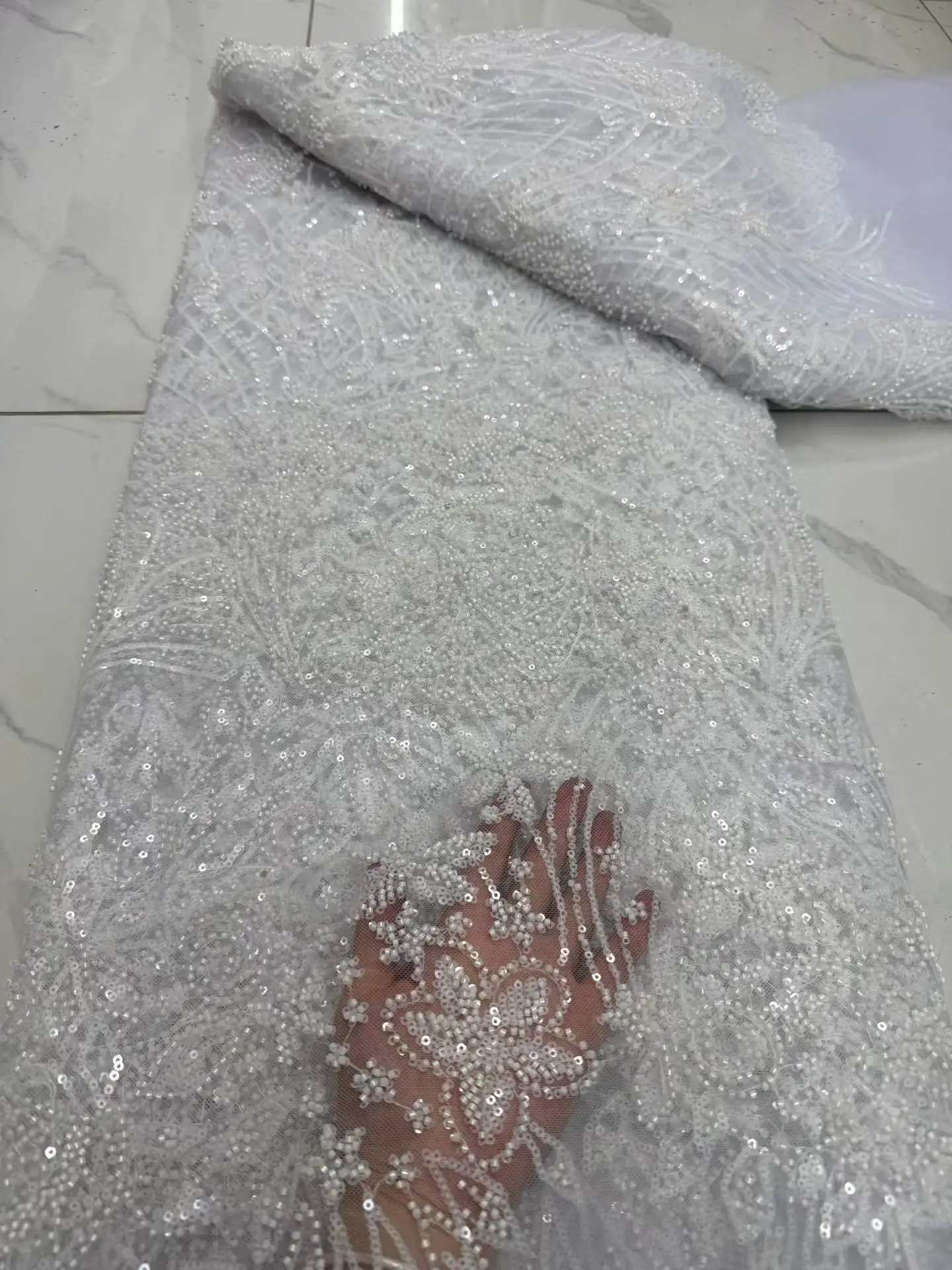 

Beautiful Nigerian Sequins Party Lace African Beads Lace Fabric High Quality 5Yards African French Tulle Net Lace Fabric