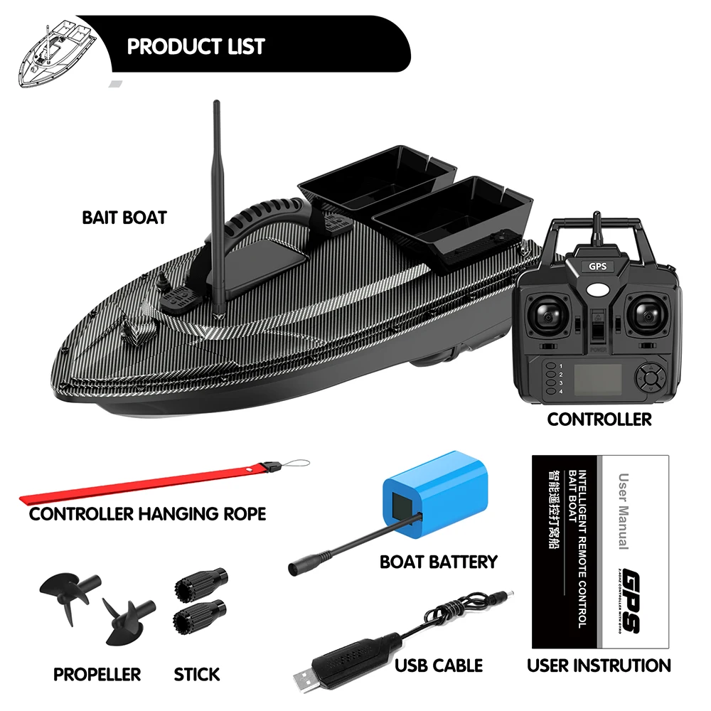 RC Bait Boat 500 Meters GPS 40 Point Positioning 2 Hoppers 1.5KG Automatic Return Fishing Bait Boat