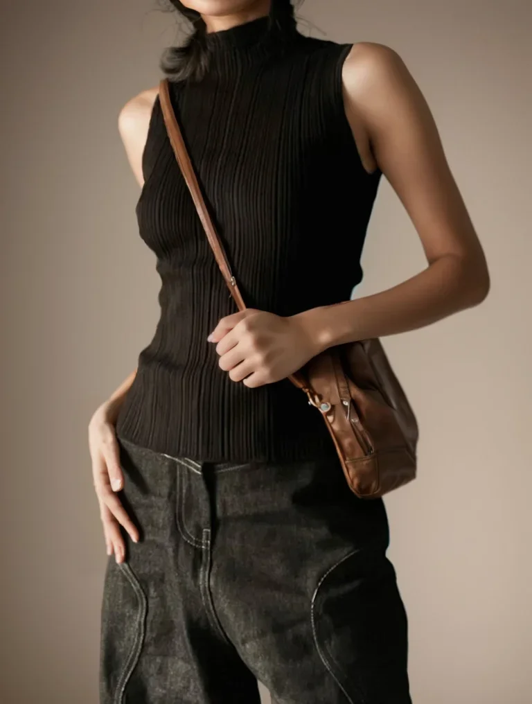 Turtleneck Knitted Tank Top for Women's Summer Sleeveless Elastic Sexy Slim Basic Tops Streetwear