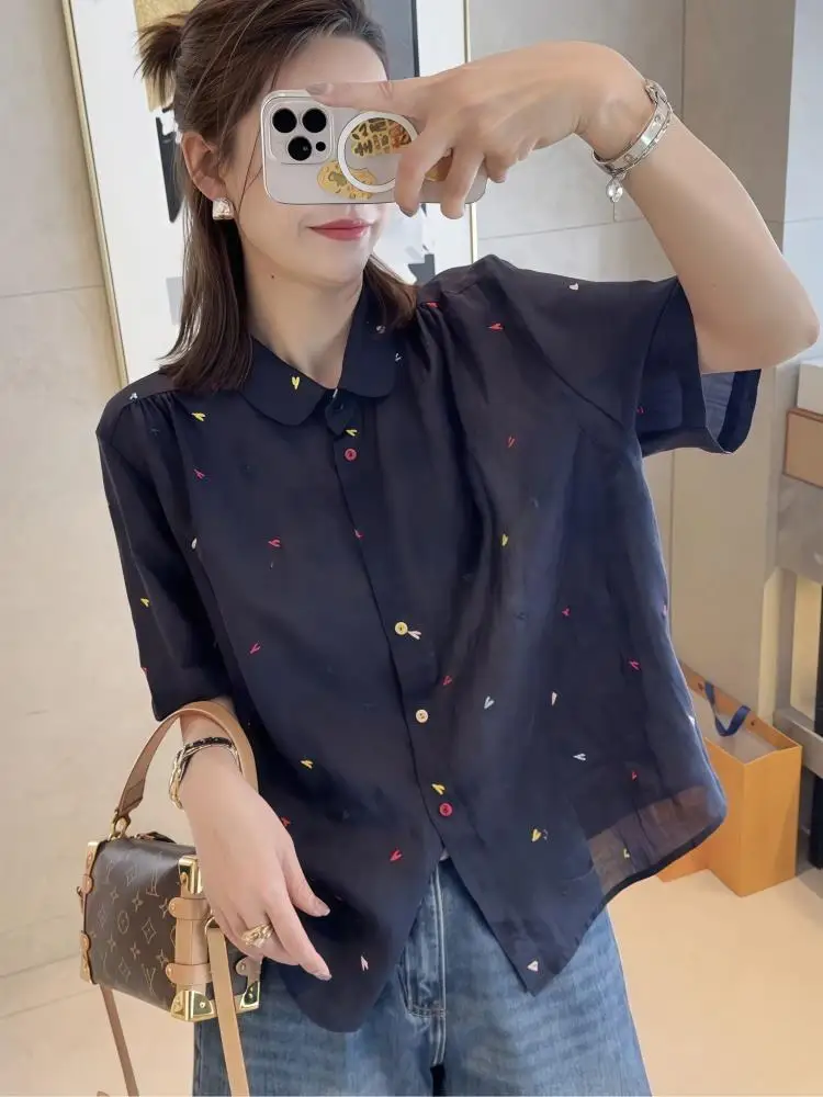 

Лето 2023, новинка, женский топ с вышивкой ort Sve irt, тонкий роскошный свободный повседневный топ высокого класса, корейская версия