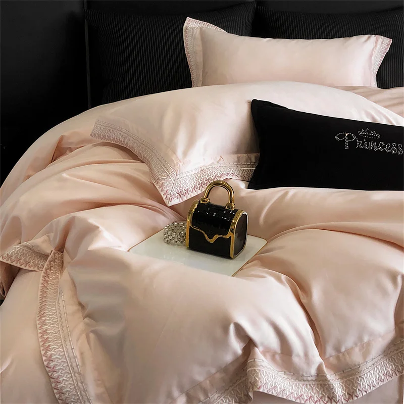 100S Long-staple Cotton Luxury Embroidery Bedding Set Double Queen King Size Duvet Cover Flat/Fitted Bed Sheet Pillowcases 4Pcs