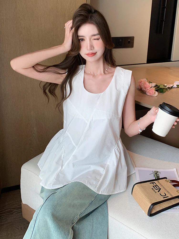 

Модный круглый жилет-топ А-силуэта для женщин, летняя универсальная базовая повседневная свободная модель, однотонный