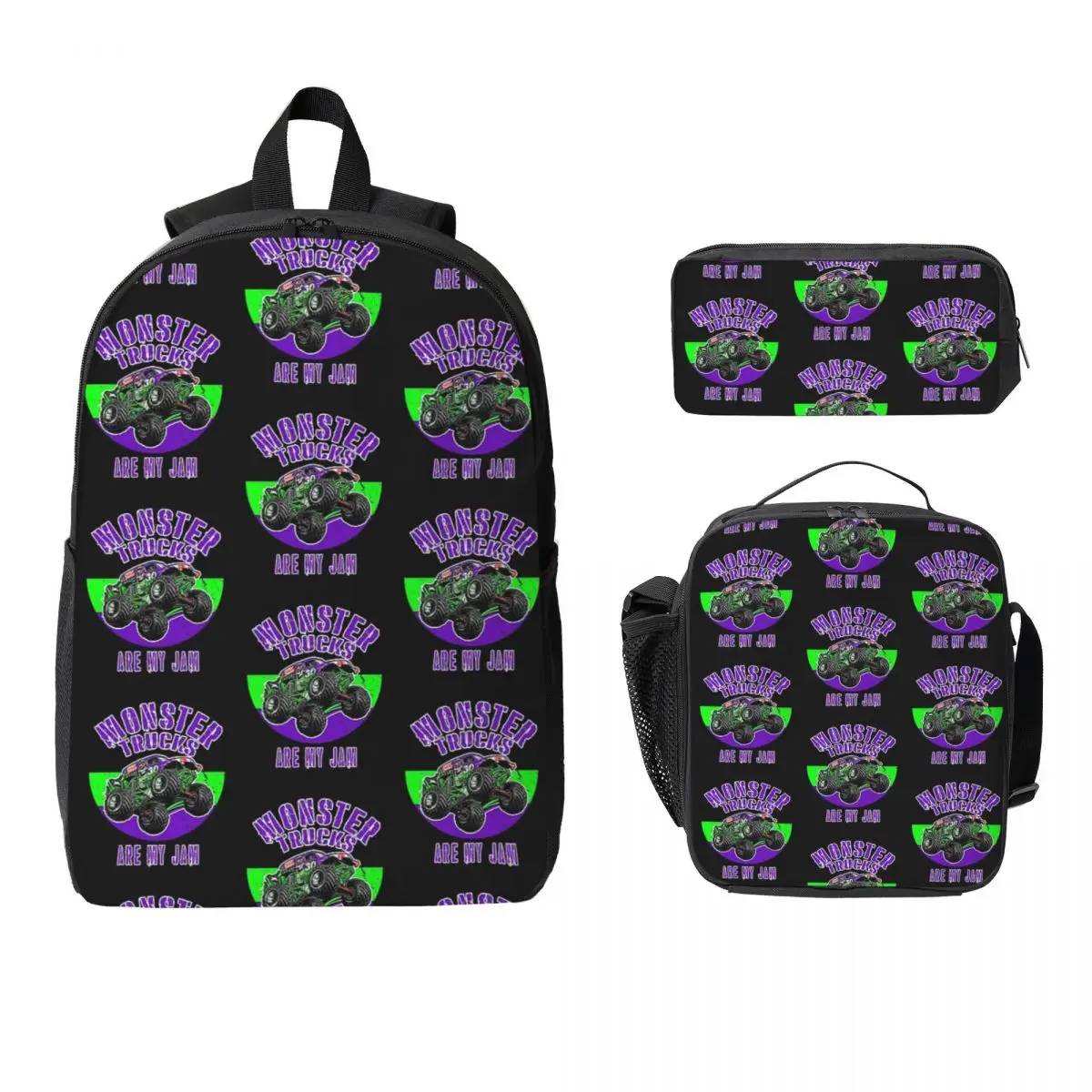 Monster Truck Are My Jam Grave Digger Mochila, Bolsa para libros, Bolsa escolar, Bolsas de hombro para portátil, 3 piezas, Bolsa térmica para el almuerzo, Estuche para lápices
