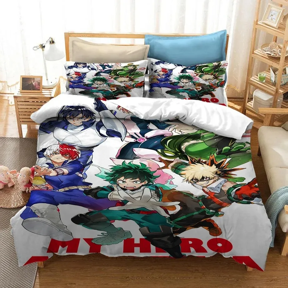 Set tempat tidur dicetak 3D Anime Jepang My Hero Academia selimut penutup dengan sarung bantal seprai Set tempat tidur tekstil rumah Linen