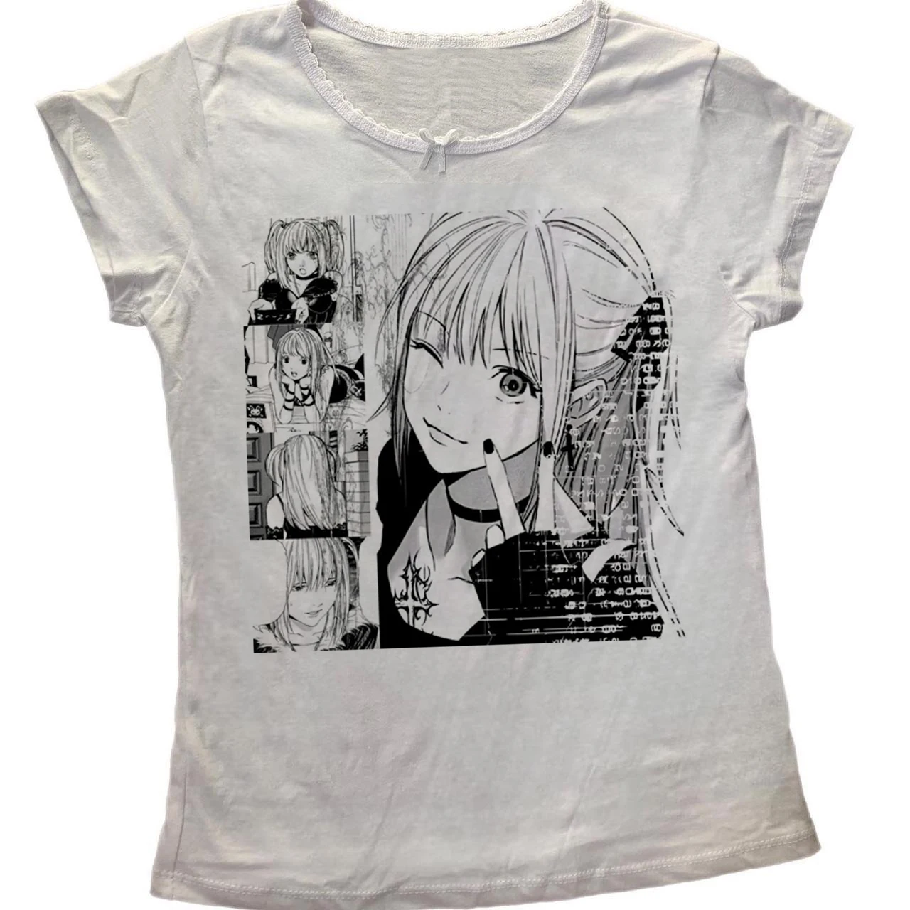 Damen Death Note Misa Amane Manga Panel Grafik Langarm-Oberteil Anime Y2K Harajuku Gothic Slim Weißes Crop-Shirt Streetwear – Detail 2