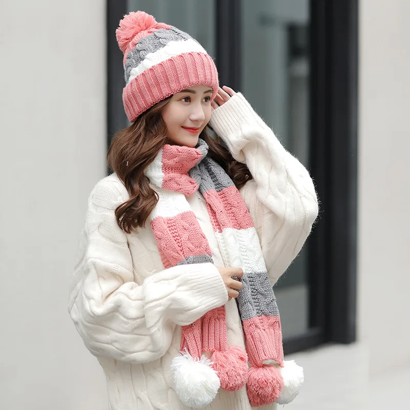 Winter Knit Hat Scarf Two-piece Women Velvet Beanies Cap Lady Warm Wool Ball Caps Sweet Cute knitted Earmuffs Hats Female