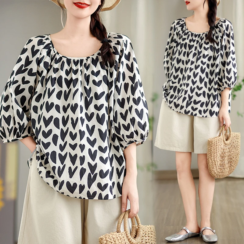 

Korean Sle Sweet Heart Print Cotton irt Overhead Babydoll Top Loose Versatile Casual Summer T-irt for Young Women