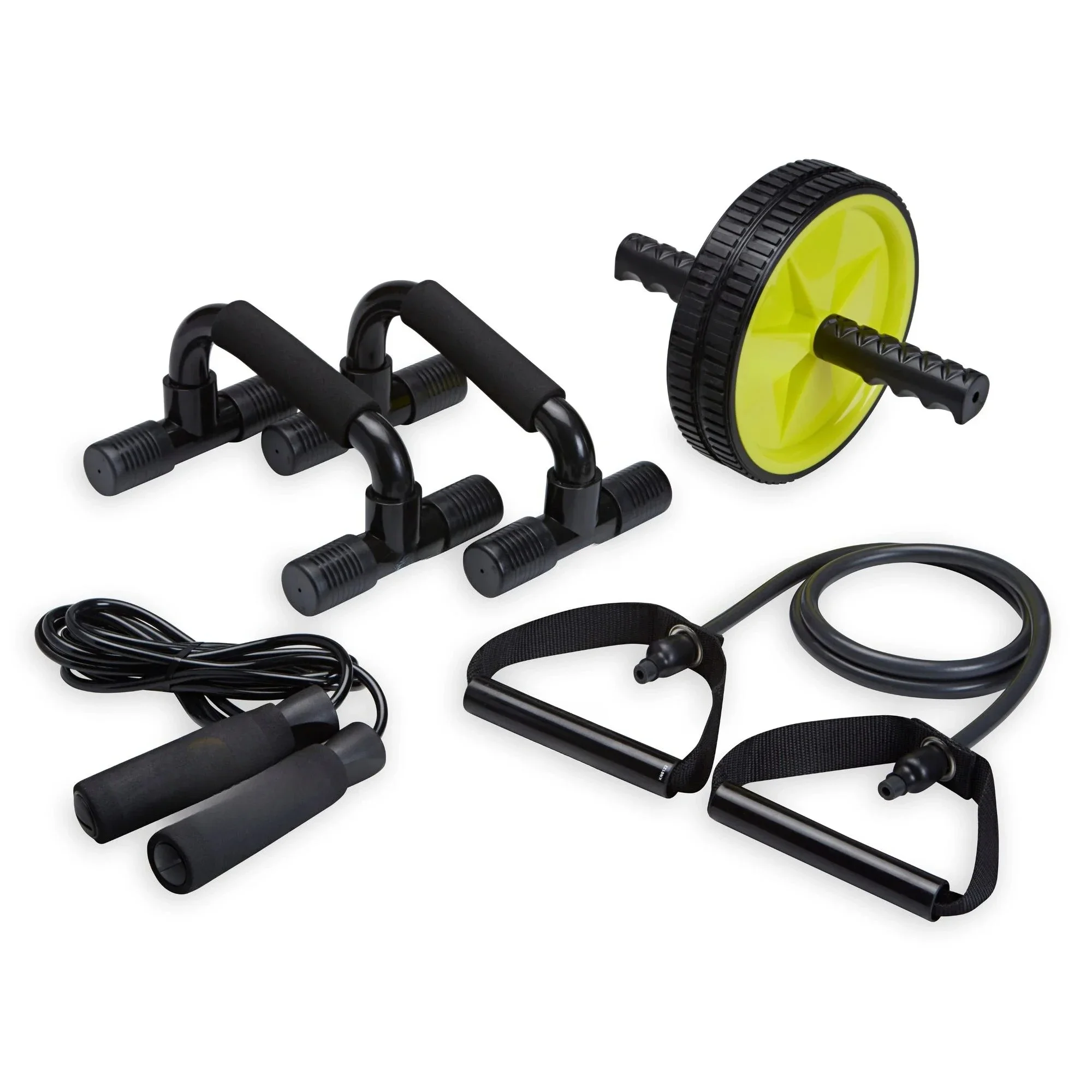 

Fully Upgraded Home Gym Kit, Includes Resistance Tube, Ab Wheel, Jump Rope and Push-Up Bars.HOME. Free shippment