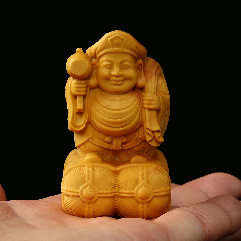 

3.5*3.5*6cm Handmade Boxwood Carving Fengshui Collective Wealth God Lifelike Collective Home Putting Crafts