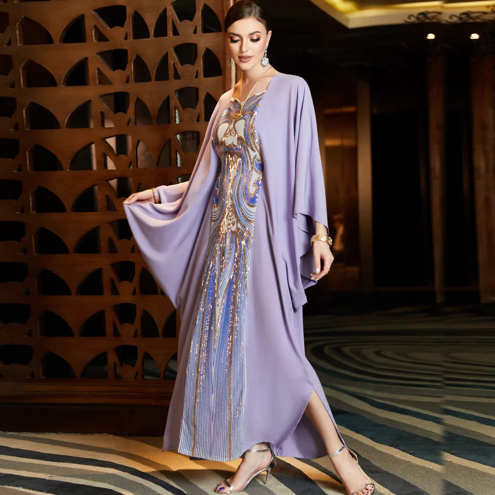 2024 Dubai Evening Dress Women Abaya Bat Sleeve Sequin Fashion Muslim Clothing Moroccan Jilbab Hijab Robe Islam Turkey Abayas