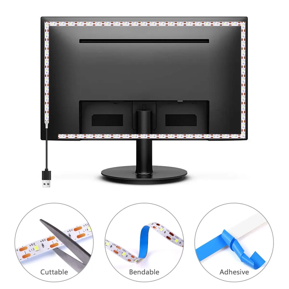 DC 5V USB LED 스트립 2835, 따뜻한 흰색 LED 스트립 조명, TV 미러 백라이트 조명 테이프, 방 장식 램프, 리본 LED 스트링 조명