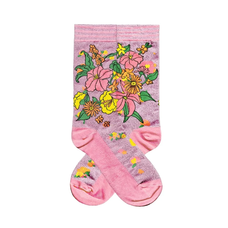 Autumn New Pink Gold and Silver Thread Women's Socks Japanese Design Cute Sweet Flower Print Versatile Mid-Calf Hosiery Ladies