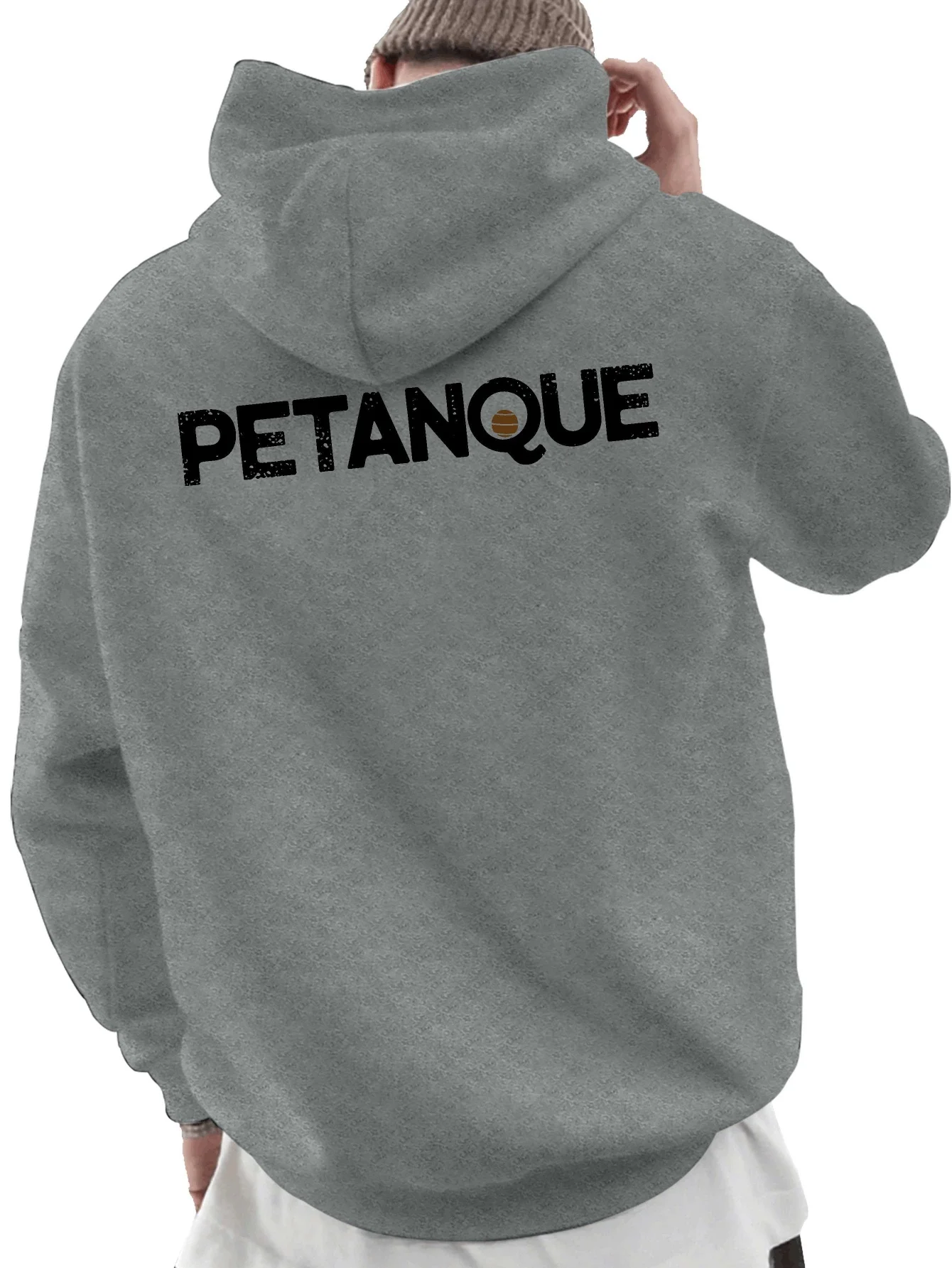 Casual sports men's pullover hooded sweatshirt with distressed lettering print. Outdoor hip-hop everyday hooded sweatshirt.