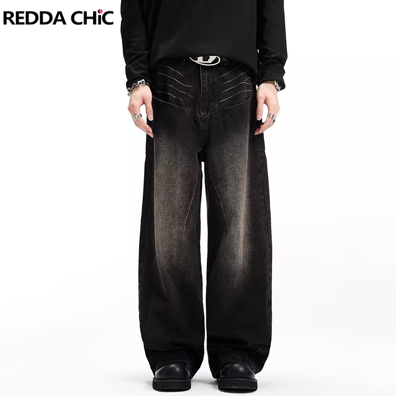

REDDACHiC Vintage Black Brushed Baggy Jeans Men Acubi Fashion Low Waist Whiskers Wash Wide Leg Denim Pants Hiphop Casual Clothes
