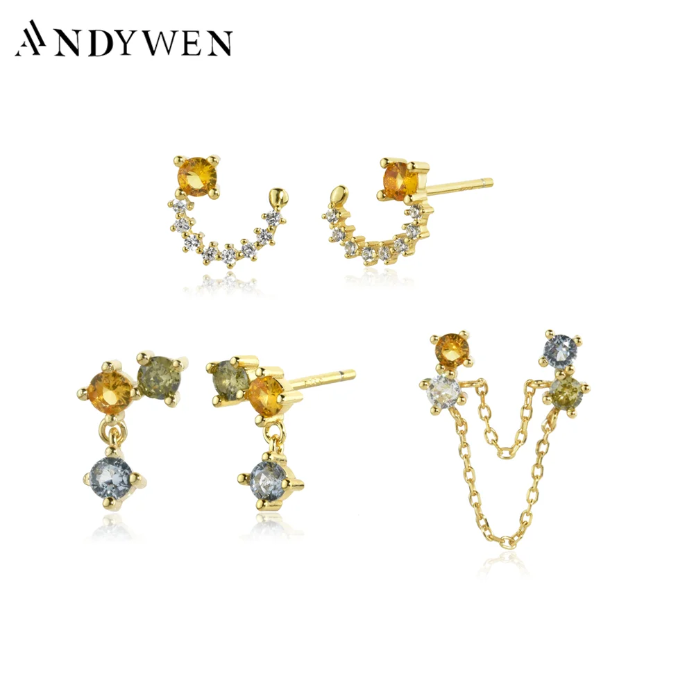 ANDYWEN 925 Sterling Silver Gold Rainbow Pave Chain Drop Earring Piercing Pendientes Wedding CZ 2022 Wedding Jewels Clips