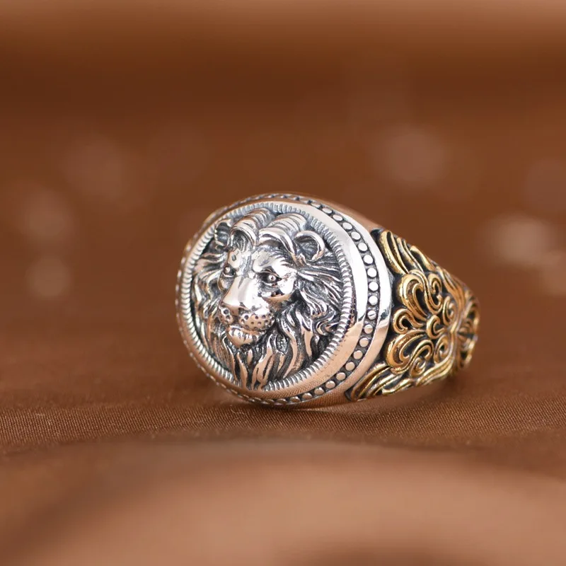 BOCAI 100% S925 Silver Jewelry Retro Punk Style Trendy Gold Ivy Lion Ring for Men Personalized Gift