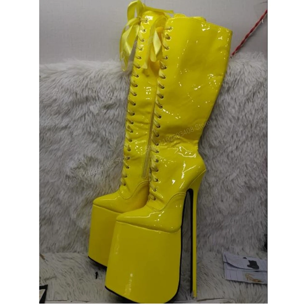 Botas altas de couro amarelo para mulheres, salto super estilete, com cordões, sapatos de plataforma sexy, 30cm, 2024