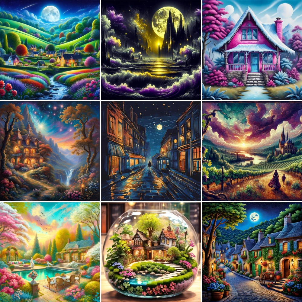 Landscape Fantasy House Pre-Printed Cross-Stitch Set DIY Embroidery Sewing Painting Handiwork Knitting Counted Different Stamped