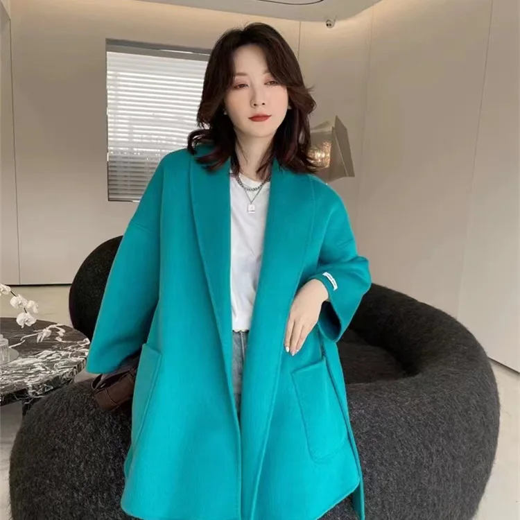 

2022 New Double sided Coat Women's New Bathrobe Style Loose Lace up Green Fruit Neck Versatile Casual