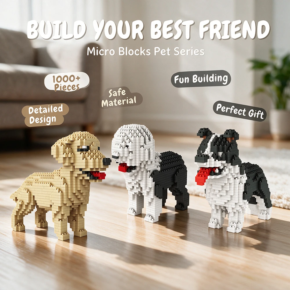Mikro-Bausteine Hunde-Set, Niedliches Welpenmodell mit Ausdrucksstarkem Gesicht, DIY Lernspielzeug, Geburtstagsgeschenk für Kinder & Tierliebhaber