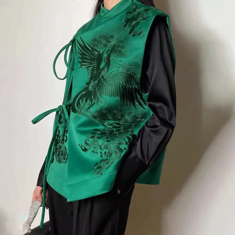 OupillRetro-Veste en émail de style chinois pour femme, broderie de cigogne blanche, dentelle verte, printemps et été 2024