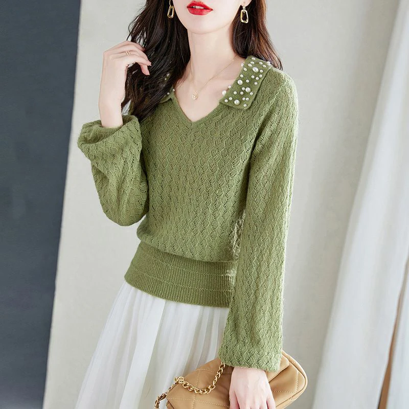 Korean Fashion Beading Lapel Knitted Blouse Women Clothing Autumn Winter Commuter All-match Solid Color V-Neck Long Sleeve Shirt