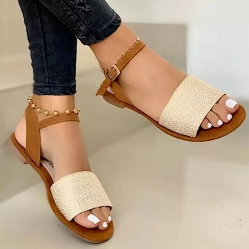 Dames Schoenen 2024 Hoge Kwaliteit One-Word Gesp Dames Sandalen Zomer Effen Enkel-Wrap Open Teen Strand Sandalen Met Lage Hakken Vrouwen