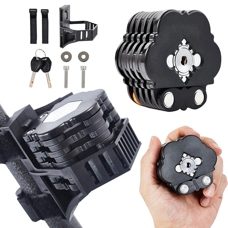 

Сверхмощный велосипедный замок, противоугонная складная цепь из легированной стали с кронштейном и 3 ключами, компактный велосипедный замок для горного велосипеда/электронного скутера