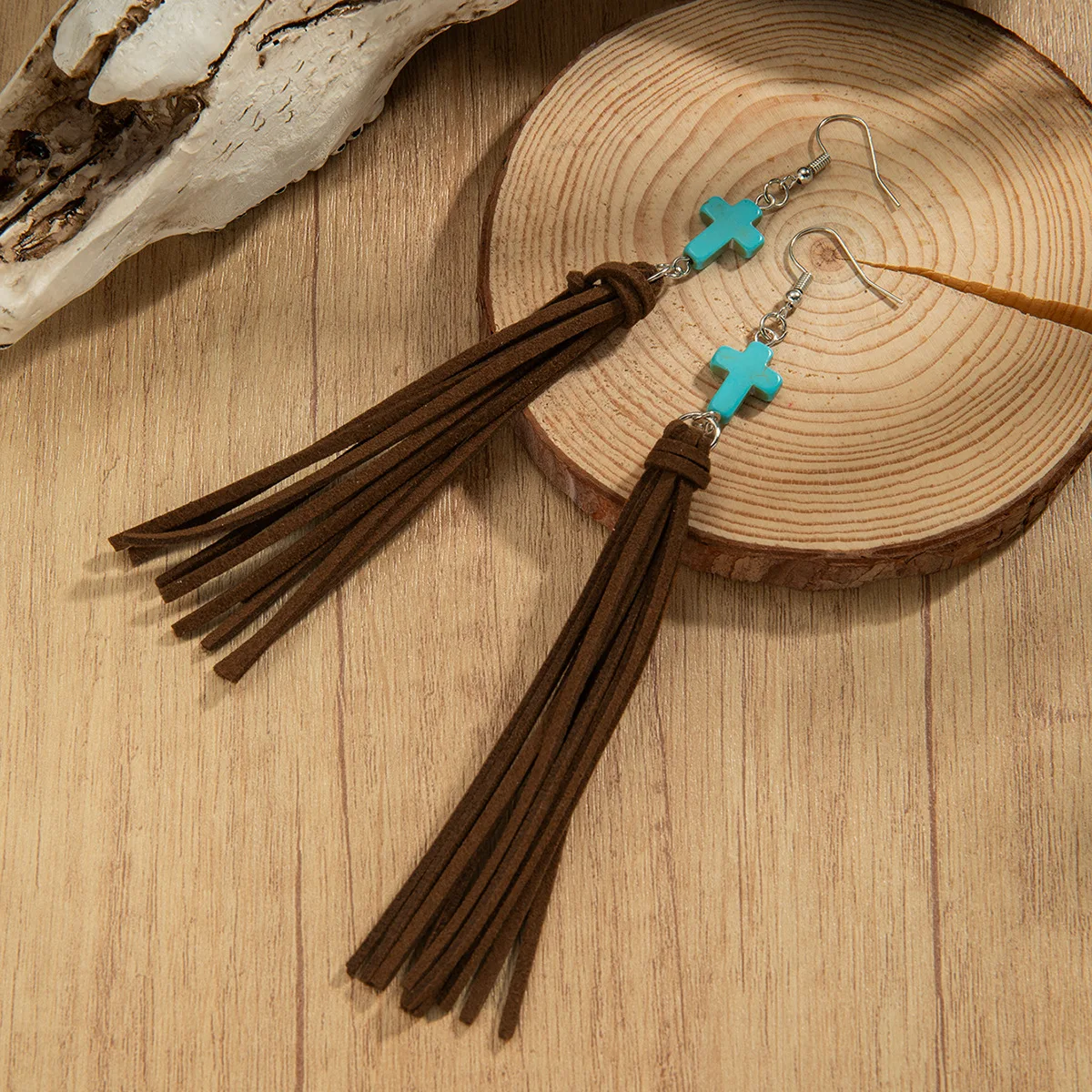 Bohemian ethnic turquoise cross long earrings flannel fringed pendant women's stud earrings