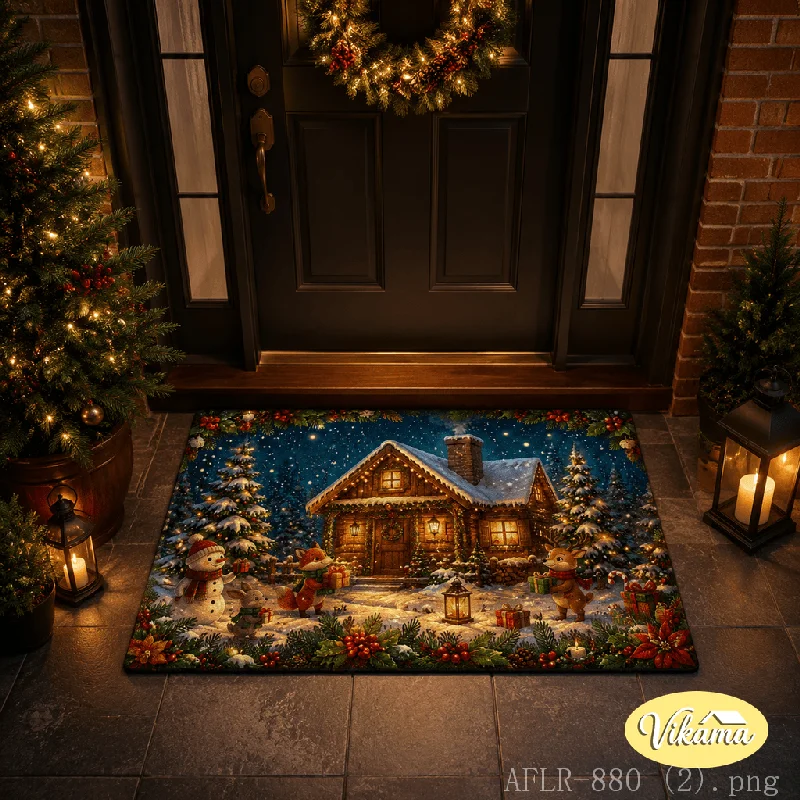 Christmas Doormat, Winter Cottage Snowman and Reindeer Print Non-Slip Entryway Mat, Festive Decorative Rug, Home Decor
