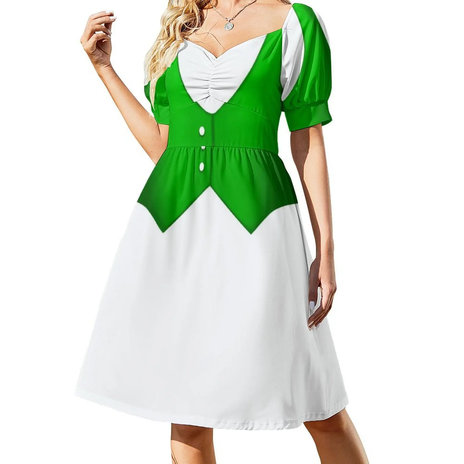 塗装された明るい緑色のベスト、3 つのボタン付き、ヴィンテージボヘミアンドレス、パフスリーブまたはノースリーブのオプション、女性用ドレス、塗装済み