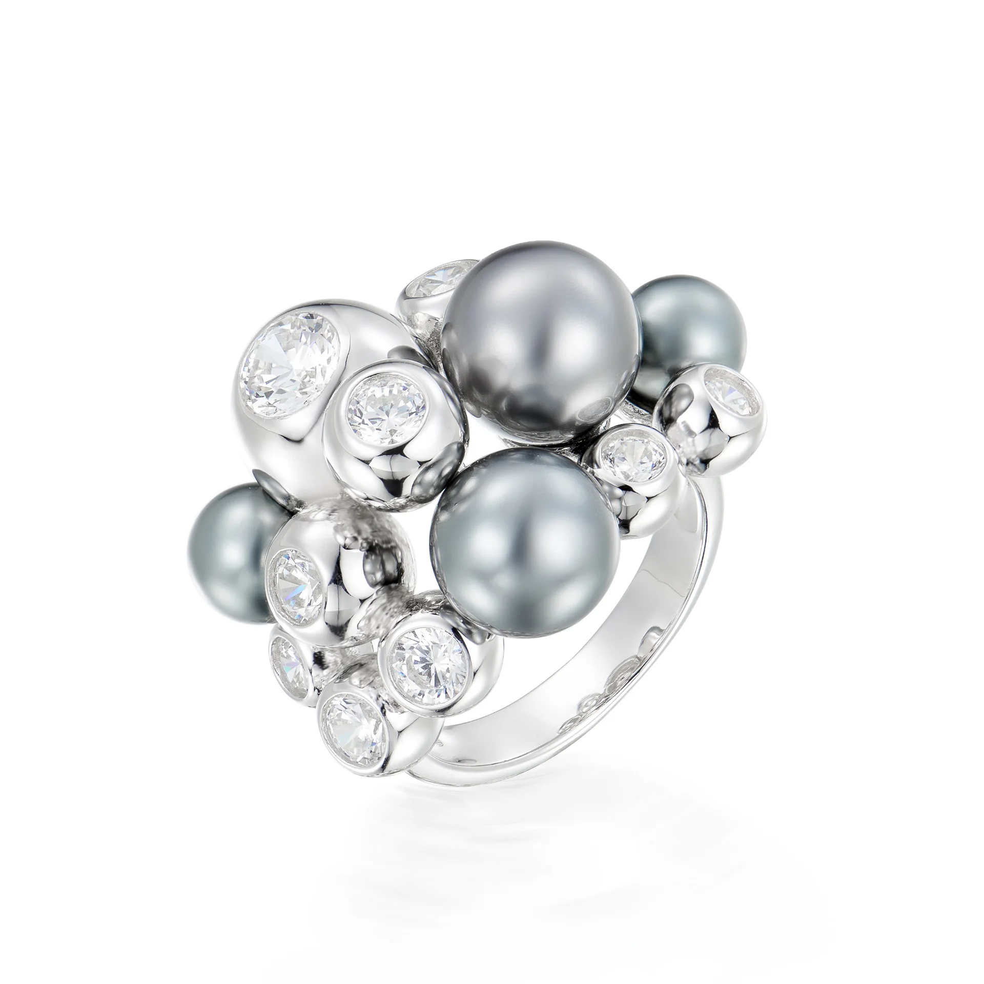 Bellux 925 Silver Gold Plated Rings Artificial Gray Shell Pearl Beads Grape 3D Stereoscopic Luxury Banquet Special Design Ring