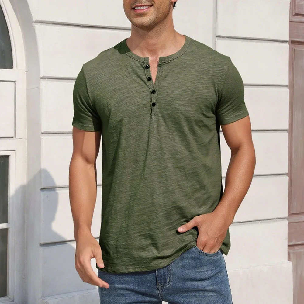 T-shirt en coton pour hommes, Design de boutons, respirant, couleur unie, manches courtes, col Henley, coupe cintrée, confortable, décontracté