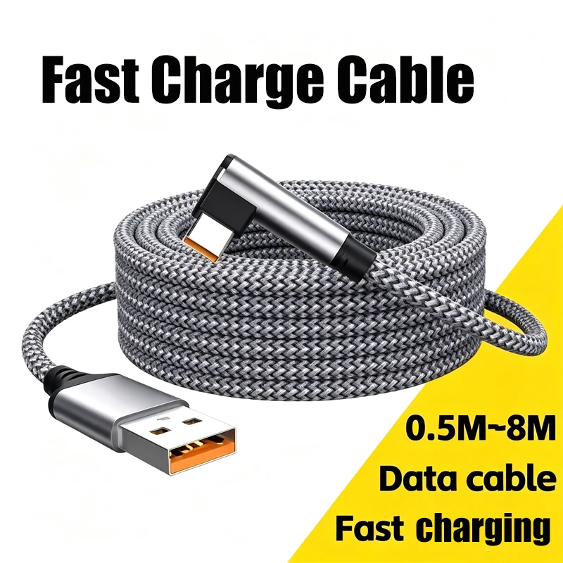 0.5-8m Extended Usb C Elbow Charging Cable 6A Fast Charge Cord For Samsung Huawei Xiaomi Oppo Oneplus Vr Camera Phone