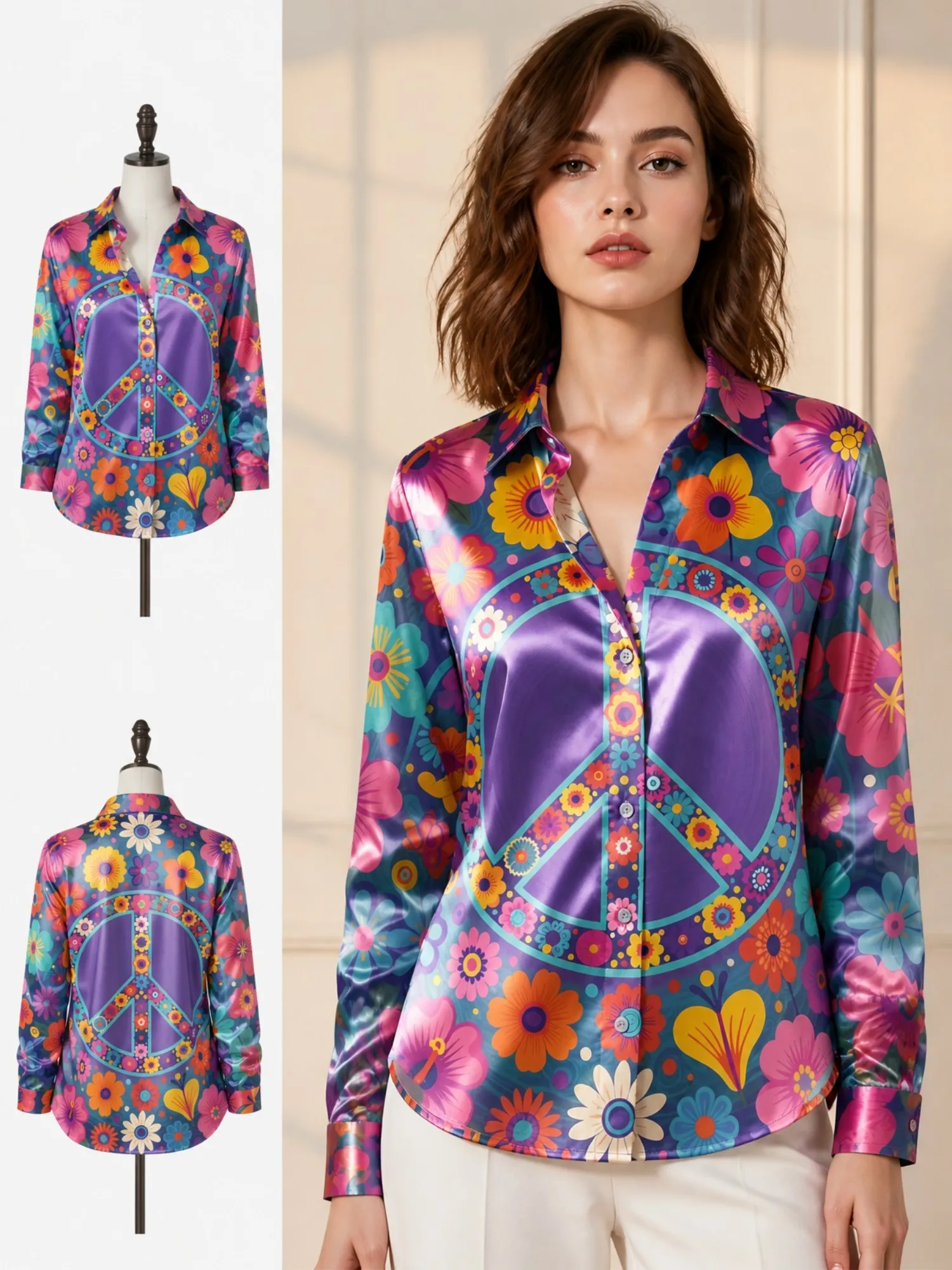 Lila Peace-Symbol Satin-Knopfhemd für Damen Retro Blumendruck Hippie Langarm-Bluse Farbenfrohe Festival-Mode-Oberteil – Detail 1