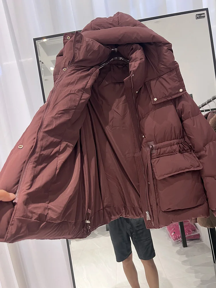 韓国風ファッション フード付き ウエストシェイプ スリム ビッグポケット ホワイトダックダウンジャケット レディース トレンド新作ダウンジャケット