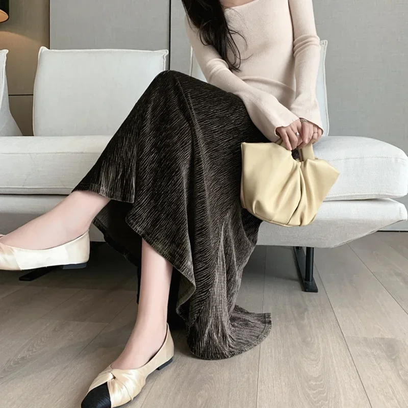 Streetwear Long Pleated Skirts Women Korean Fashion y2k Clothing Elastic Waist Faldas Autumn Winter Ladies Black Flared Skirt