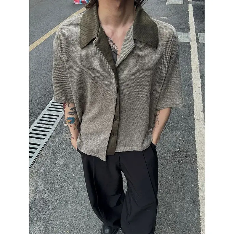 Knitted Short-sleeved Shirt Men's Summer Seven-quarter-sleeved Fake Two-piece Collar Casual Shirt