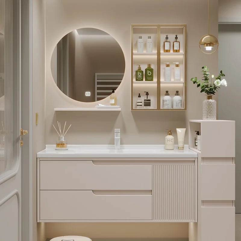 Lavabo integrado de cerámica, mueble de baño ligero, estilo crema, montado en la pared, para el hogar