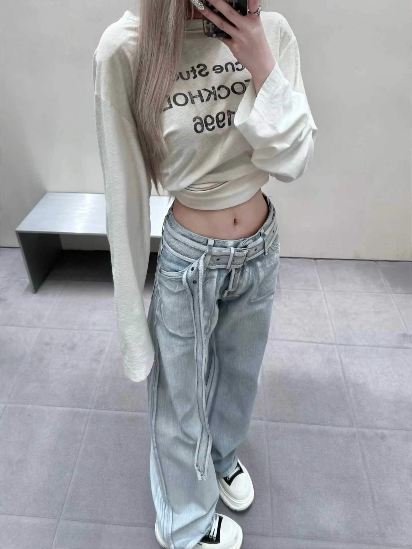 2026 Spring New American Y2K Spice Vintage Coated Washed Denim Wide Leg Pants with Wide Belt