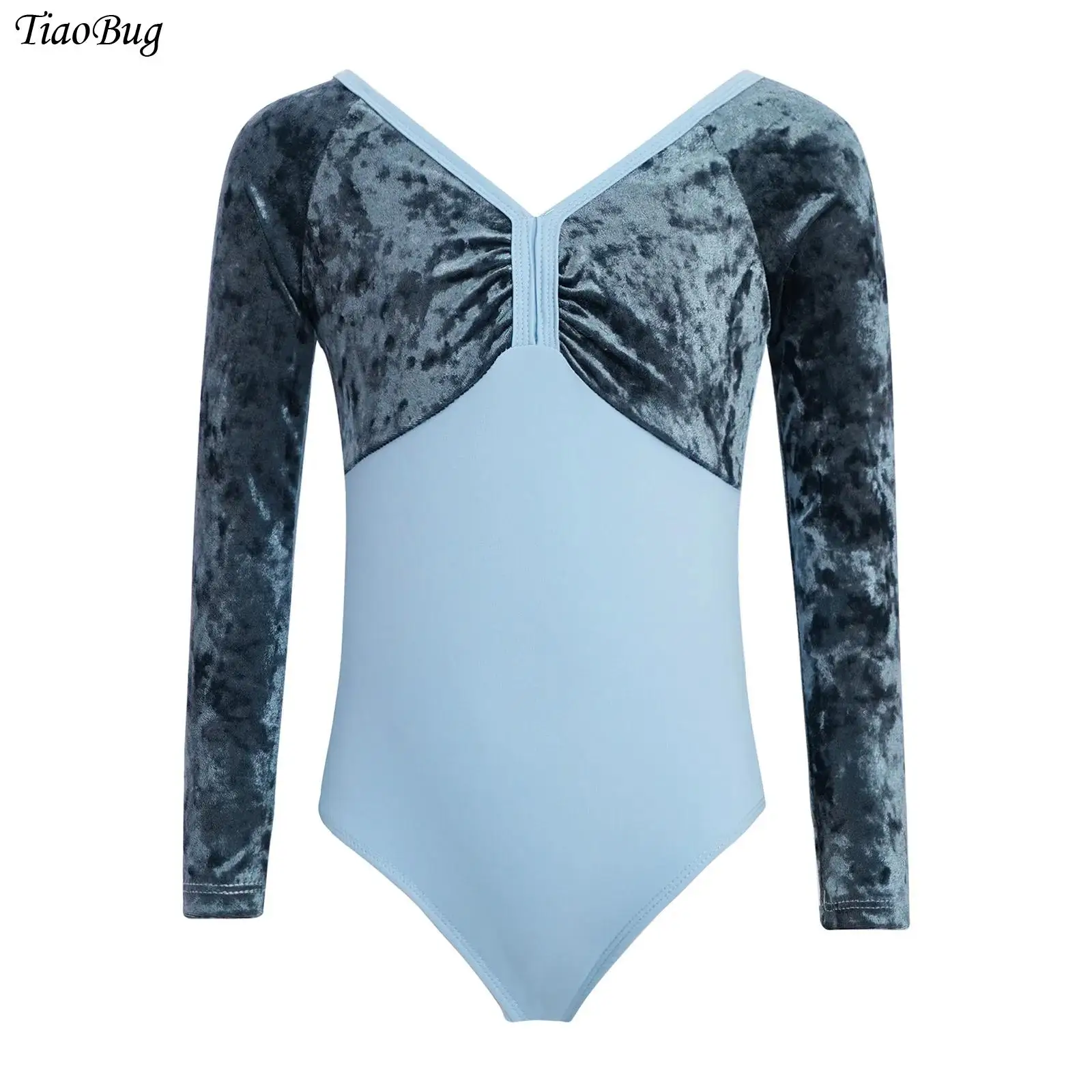 

Kids Girls Velvet Patchwork Ballet Leotard Long Sleeve Ruched V-Neck Solid Color Gymnastics Dance Bodysuit Ballerina Dancewear