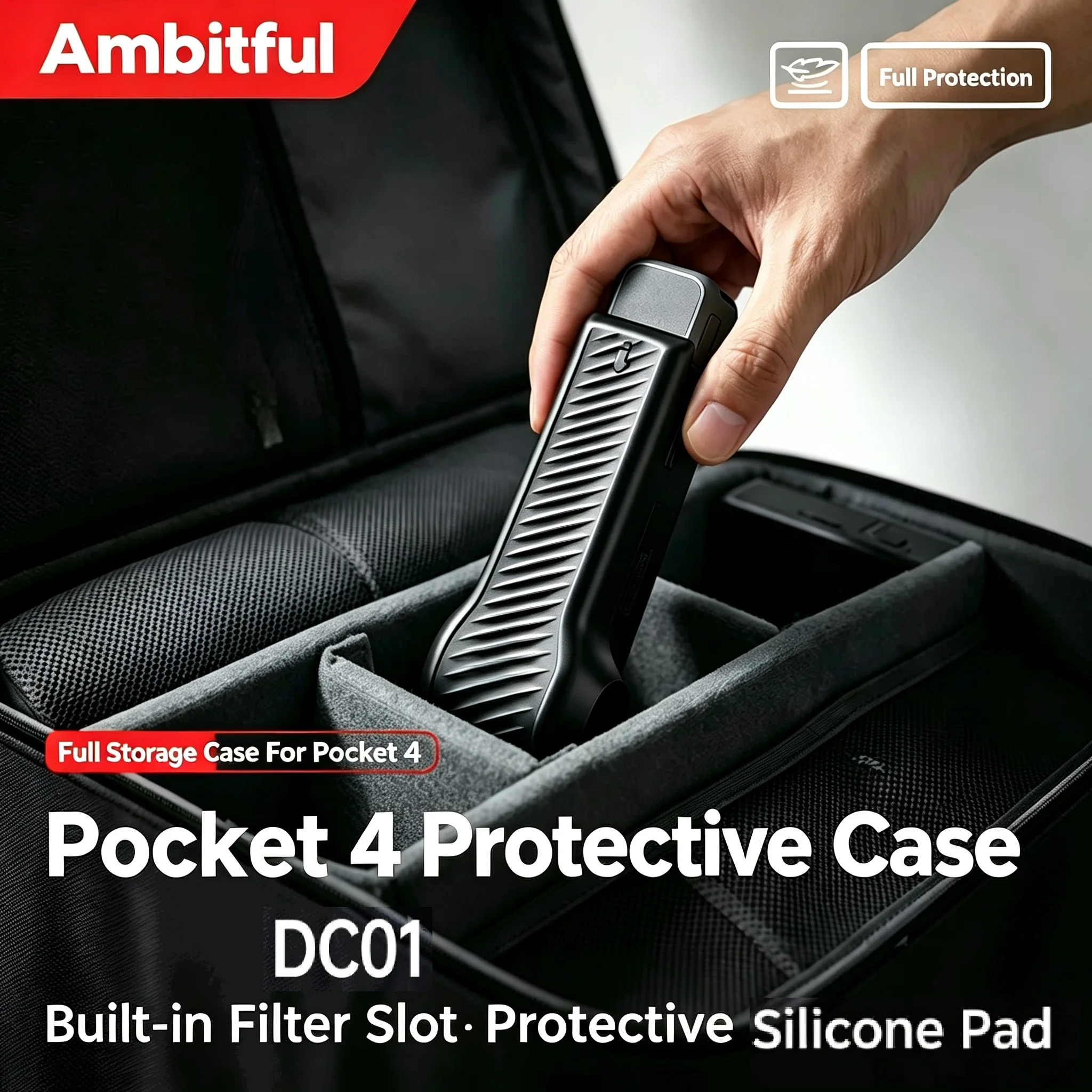 Étui de protection Ambitful DC01 pour DJI Osmo Pocket 4, protection intégrale avec protection d'objectif et d'écran, design à ouverture rapide pour les vlogueurs