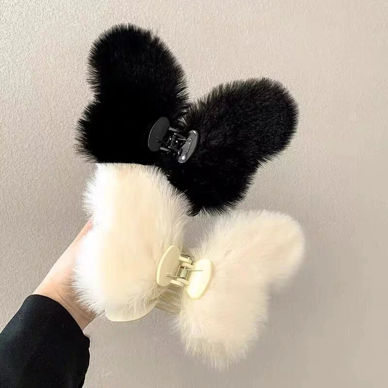 AWAYTR AWAYTR Black White Plush Butterfly Hair Claw OversizeHair Clip Large Size Rex Rabbit Fur Hairpin For Women Hair Accessori