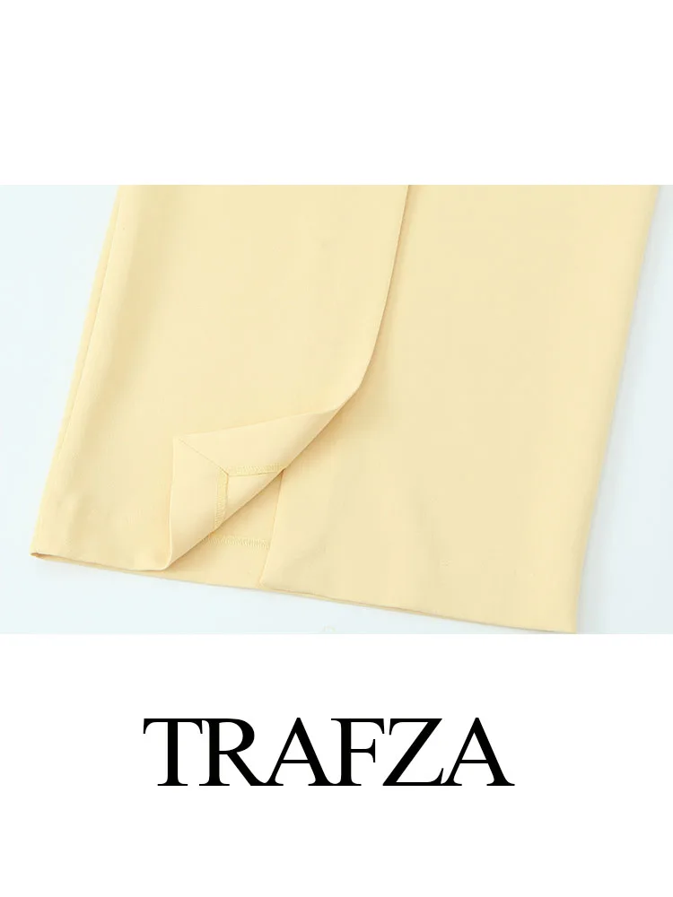 TRAFZA Summer Suit Woman Trendy Yellow V-Neck Sleeveless Belt Sngle Breasted Top+High Waist Pocket Belt Long Skirts Female Set