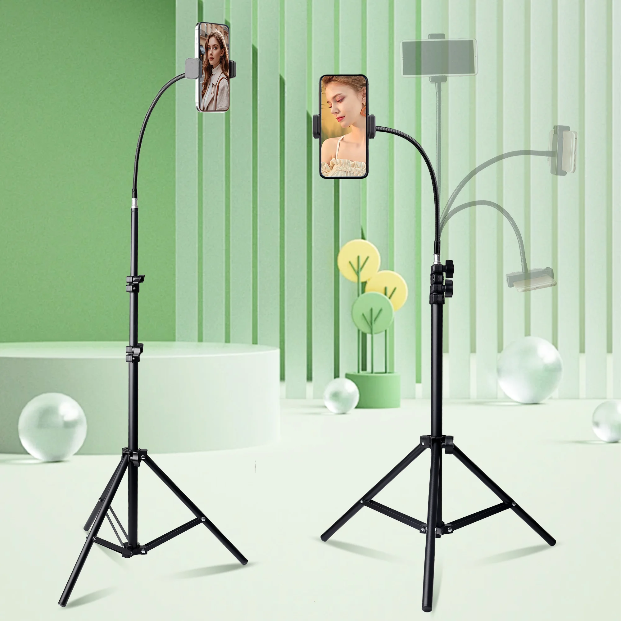 76" Cell Phone Tripod, Selfie Stick Tripod with 14" Flexible Gooseneck, Overhead Phone Stand for Video Recording, Photography