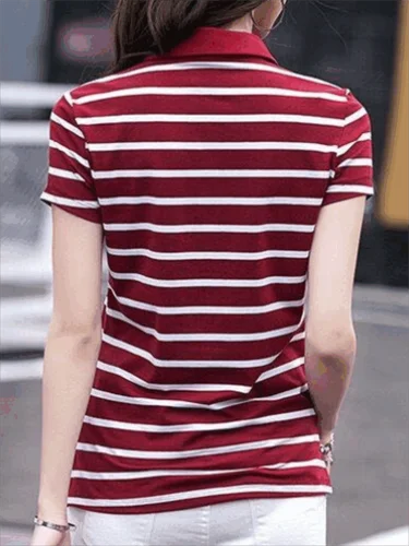 Imagen 2 del producto Camiseta con cuello vuelto y estampado a rayas, camiseta informal de manga corta de ajuste Regular para primavera y otoño, ropa de mujer