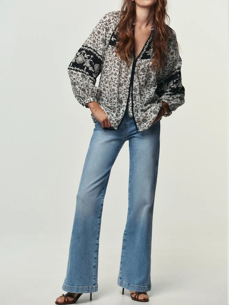Camicia a maniche lunghe con stampa di posizionamento floreale, temperamento versatile, nuova moda da donna in stile europeo