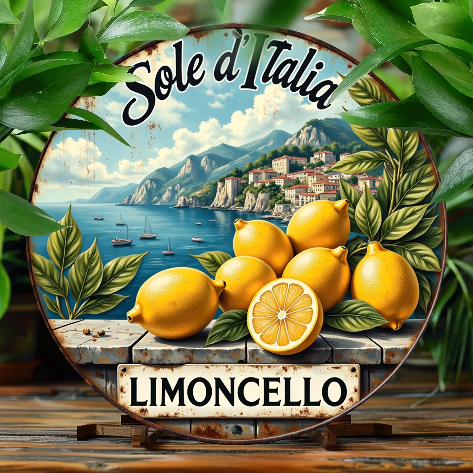 Letrero Redondo Vintage de Metal - "Sole d'Italia Limoncello" Decoración de Pared con Diseño de Limón de la Costa de Amalfi, Italia, para Cocina, Bar, Sala Tiki, Estilo Mediterráneo